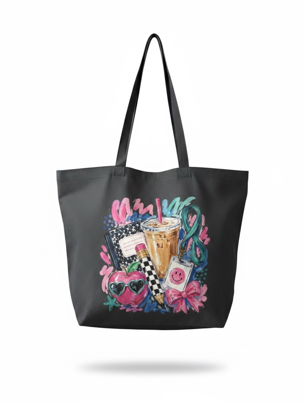 Black Graphic Tote Bag with Colorful Iced Coffee Drink & Accessory Print